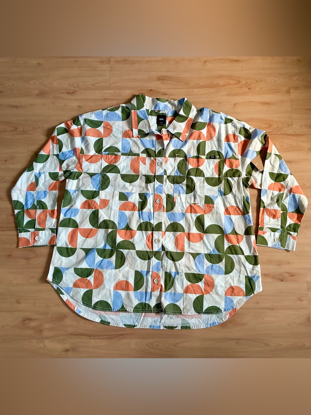 Vans Printed Button-Up Shirt — Green, Coral & Light Blue Mens XL